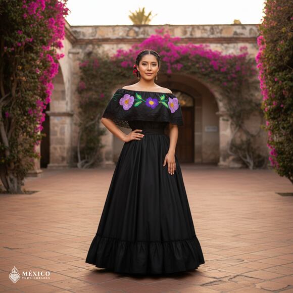 Traditional Mexican Embroidered Floral Dress Set – Handmade Two-Piece - Picture 4 of 7